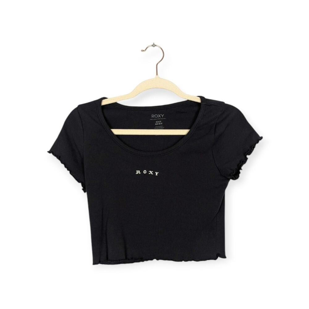 Roxy Crop Top M Black Ribbed Embroidered Logo Cap Sleeve Fitted Casual